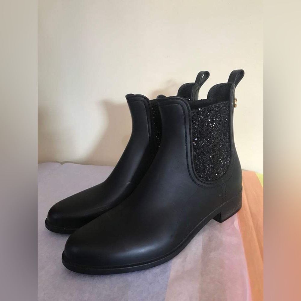 Women's Black Glitter Chelsea Rain Ankle Boots